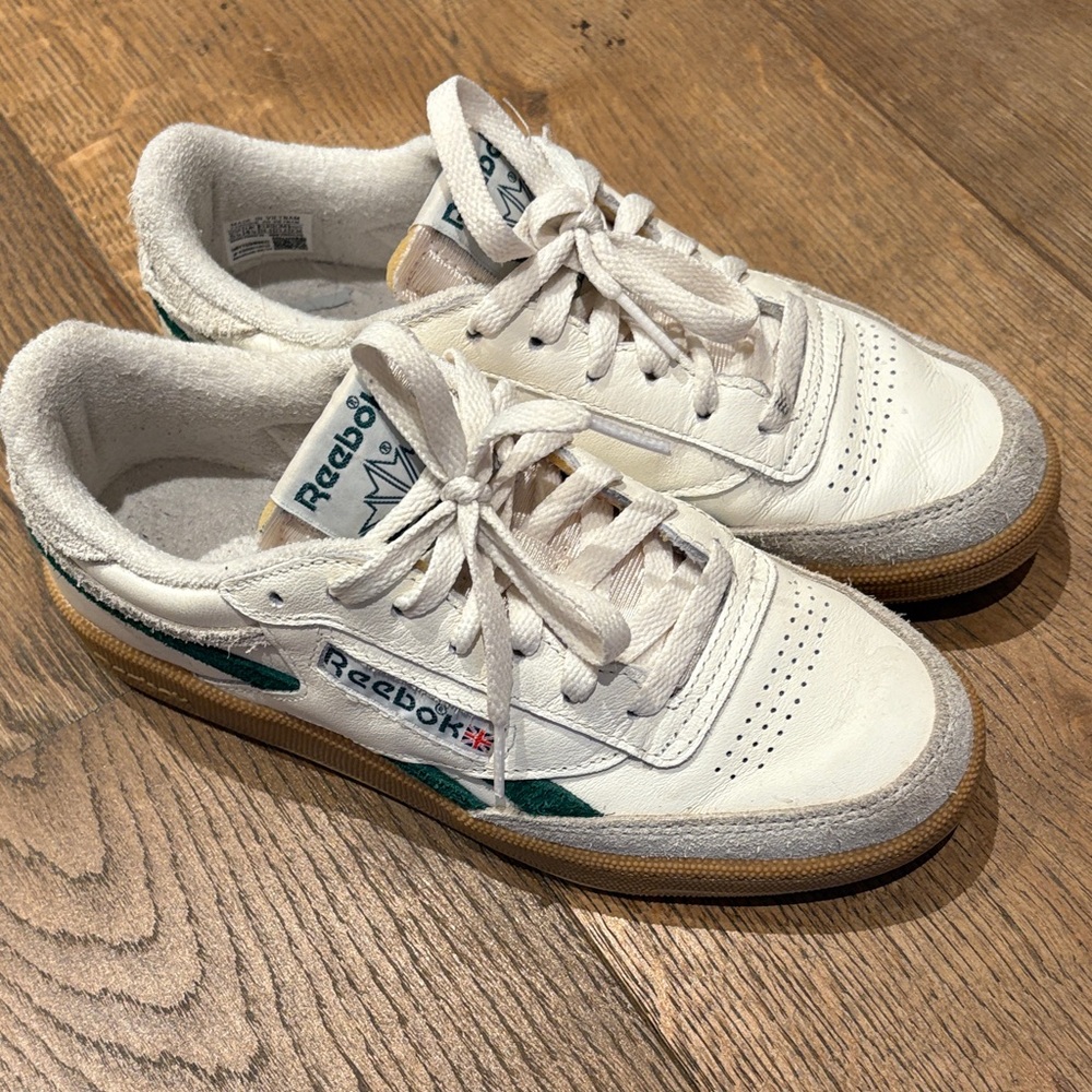 Reebok Classic White and Green Shoes, lightly used
